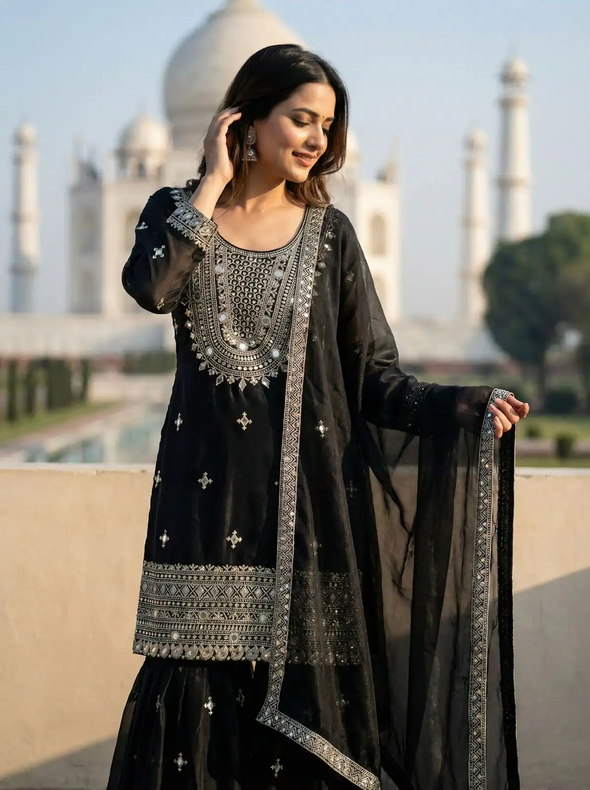 Black Zimmy Silk Embroidery Work Work Sawar Suit - Image 4