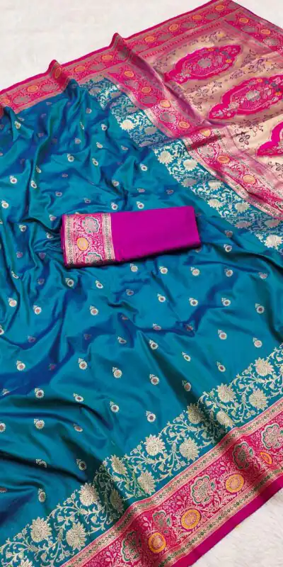 Blue Banarasi Silk Gold Zari Border Saree
