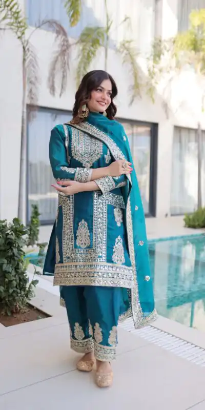 Blue Fendi Silk Embroidery Sequins Work Salwar Suit
