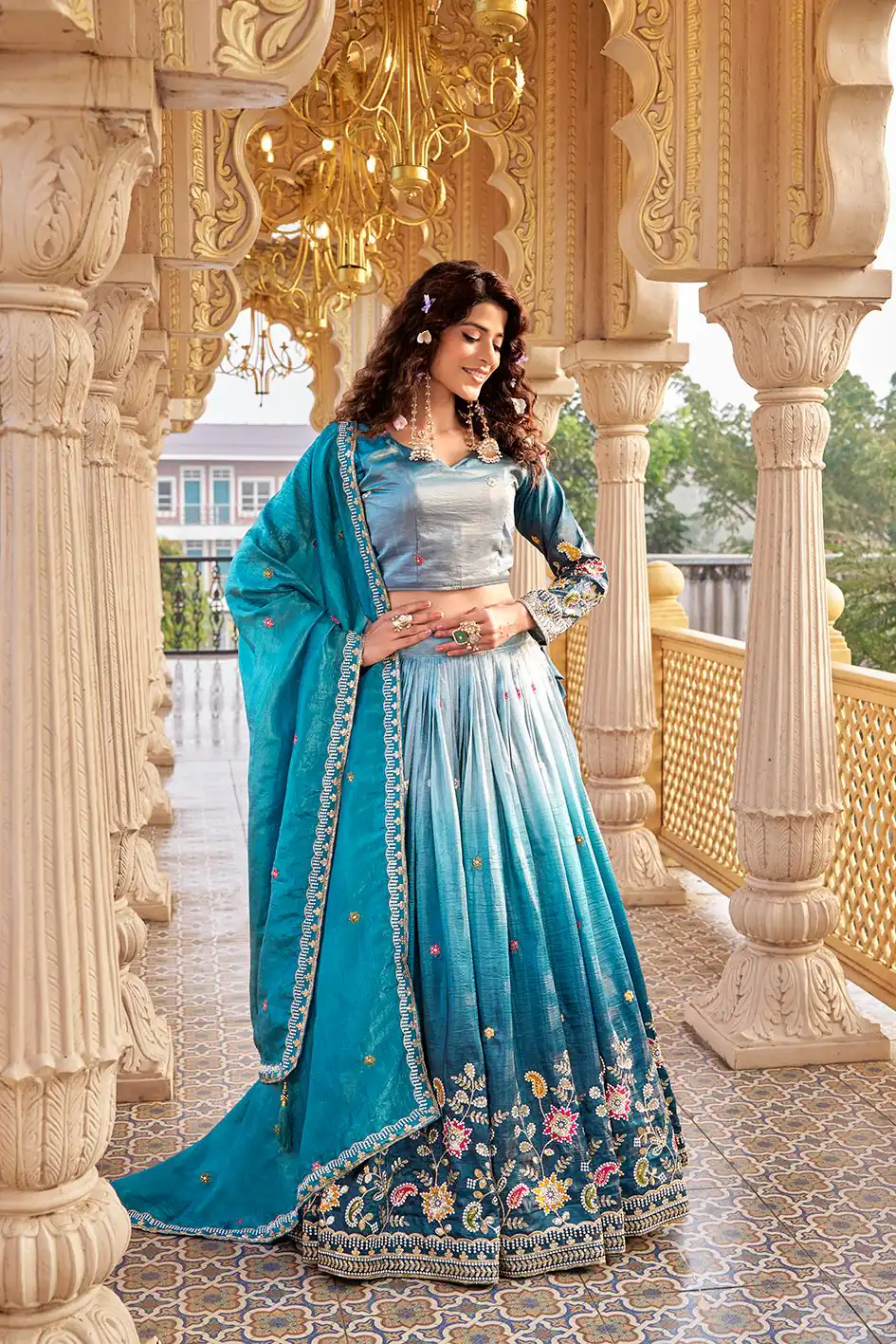 Blue Gold Crush Embroidery Work Lehenga Choli - Image 3