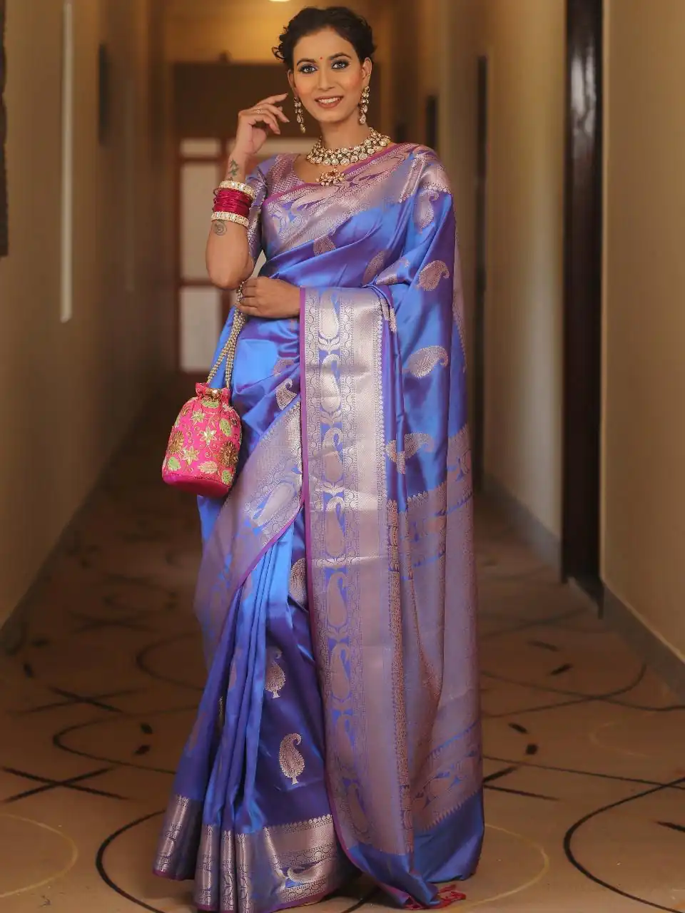 Blue Lichi Silk Border Lace Work Saree - Image 2