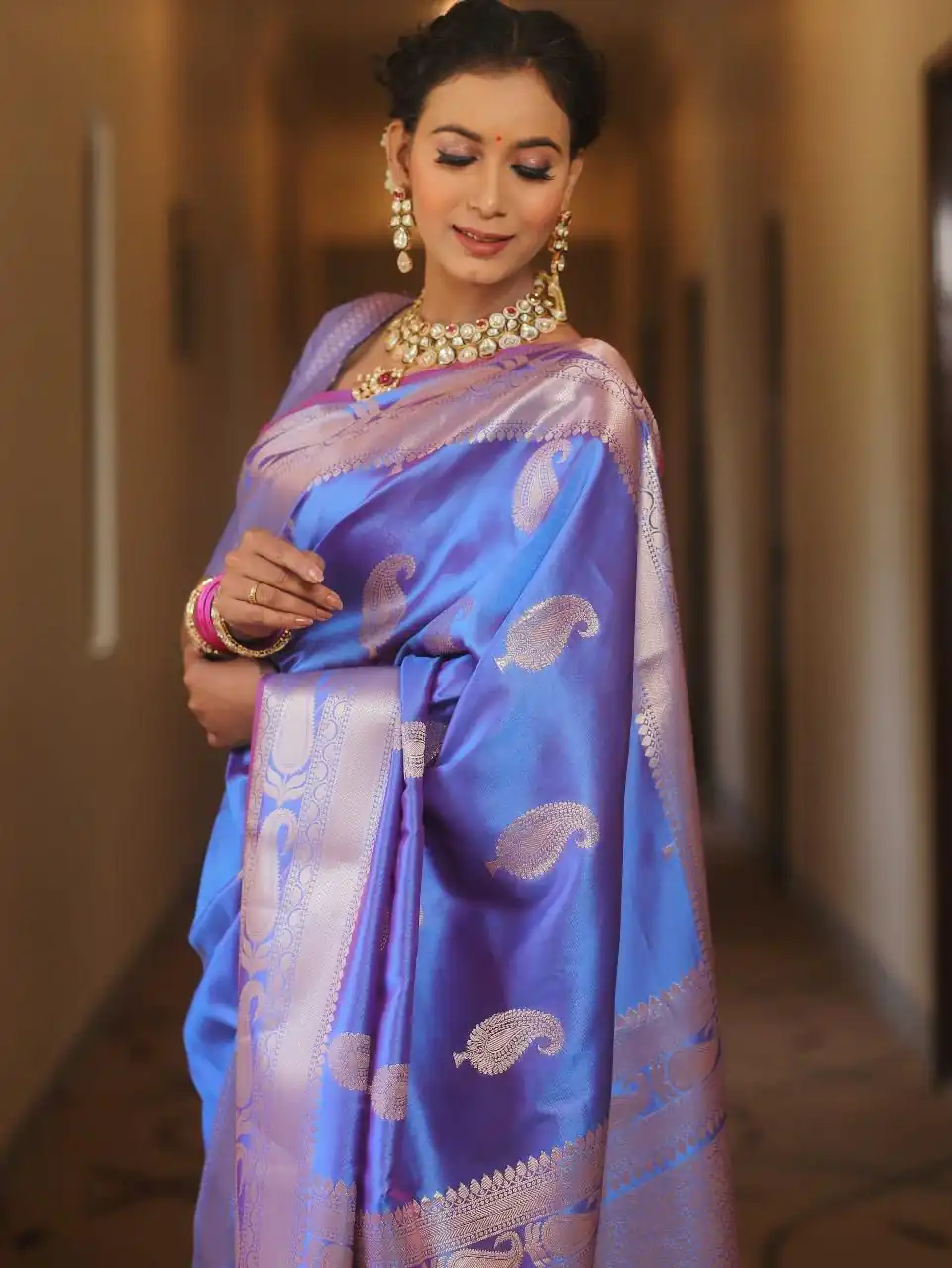 Blue Lichi Silk Border Lace Work Saree - Image 3
