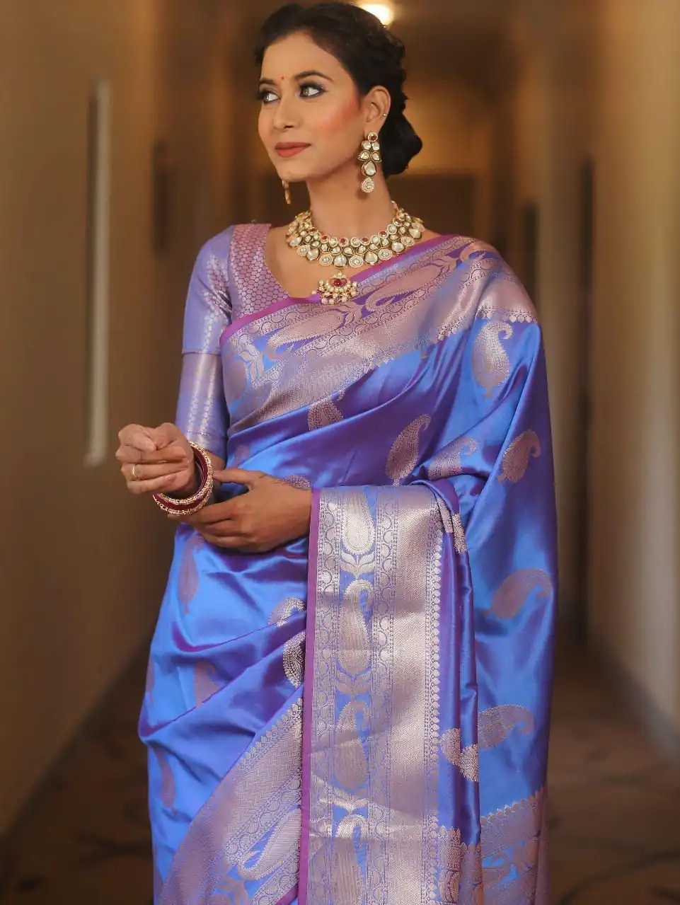 Blue Lichi Silk Border Lace Work Saree - Image 4