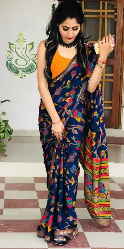 KT 131 Blue Digital Print & Lace Work Saree in Blue Softy Silk. Introductory Price âš1499. Delivery 4-6 Working Days. Shop now. | Designer Sarees, Sarees, Bollywood Sarees, Creative Sarees, Embroidered Sarees, Ethnic Saree, Modern Digital sarees, Party Wear Sarees