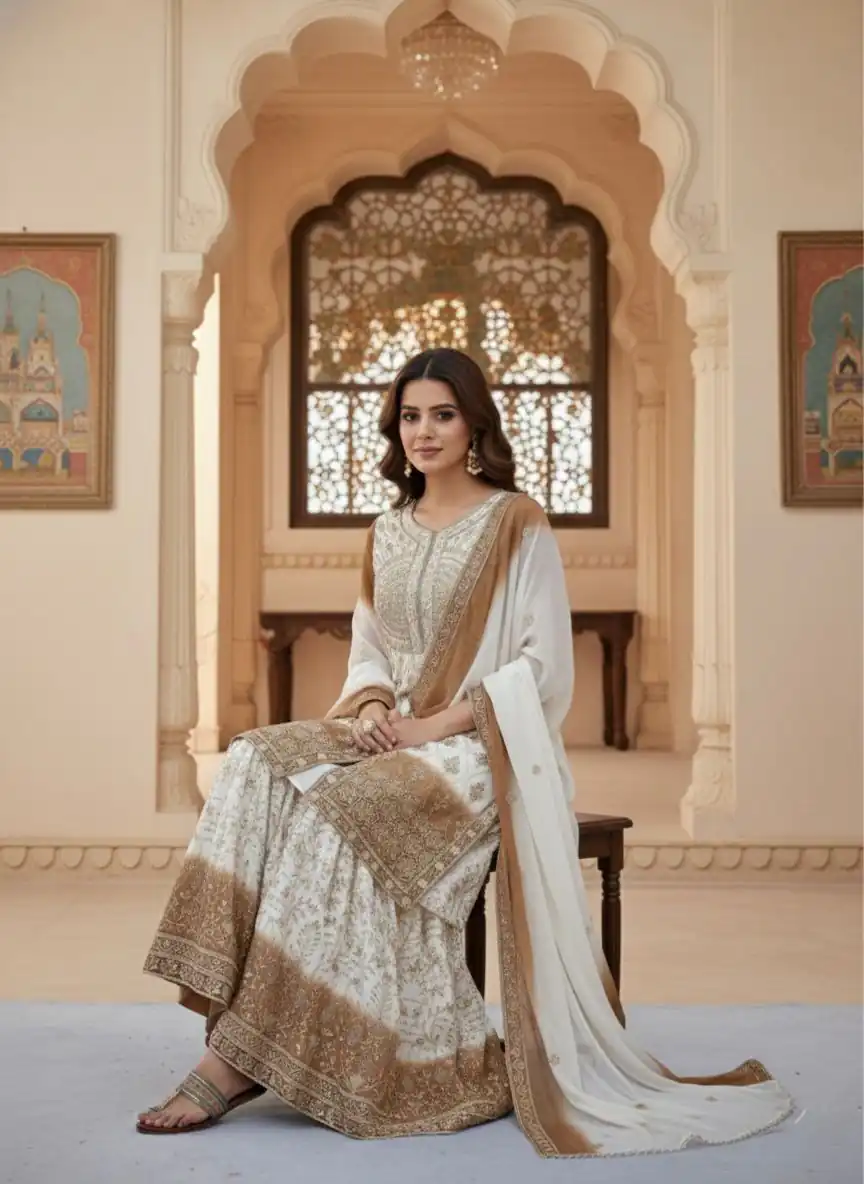 Brown Dual Star Georgette Embroider Work Salwar Suit - Image 3