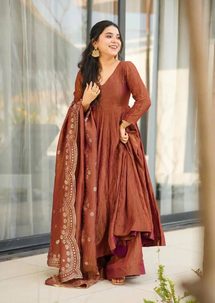 SSR 5006 Brown Fandy Silk Gown Perfect for Wedding, Party, Pongal, Traditional Day, Baby Shower – . Get it for ₹1999. Delivery 4-6 Working Days. Shop | Gowns, Bollywood Gowns, Creative Gowns, Designer Gowns, Embroidered Gowns, Party Wear Gowns