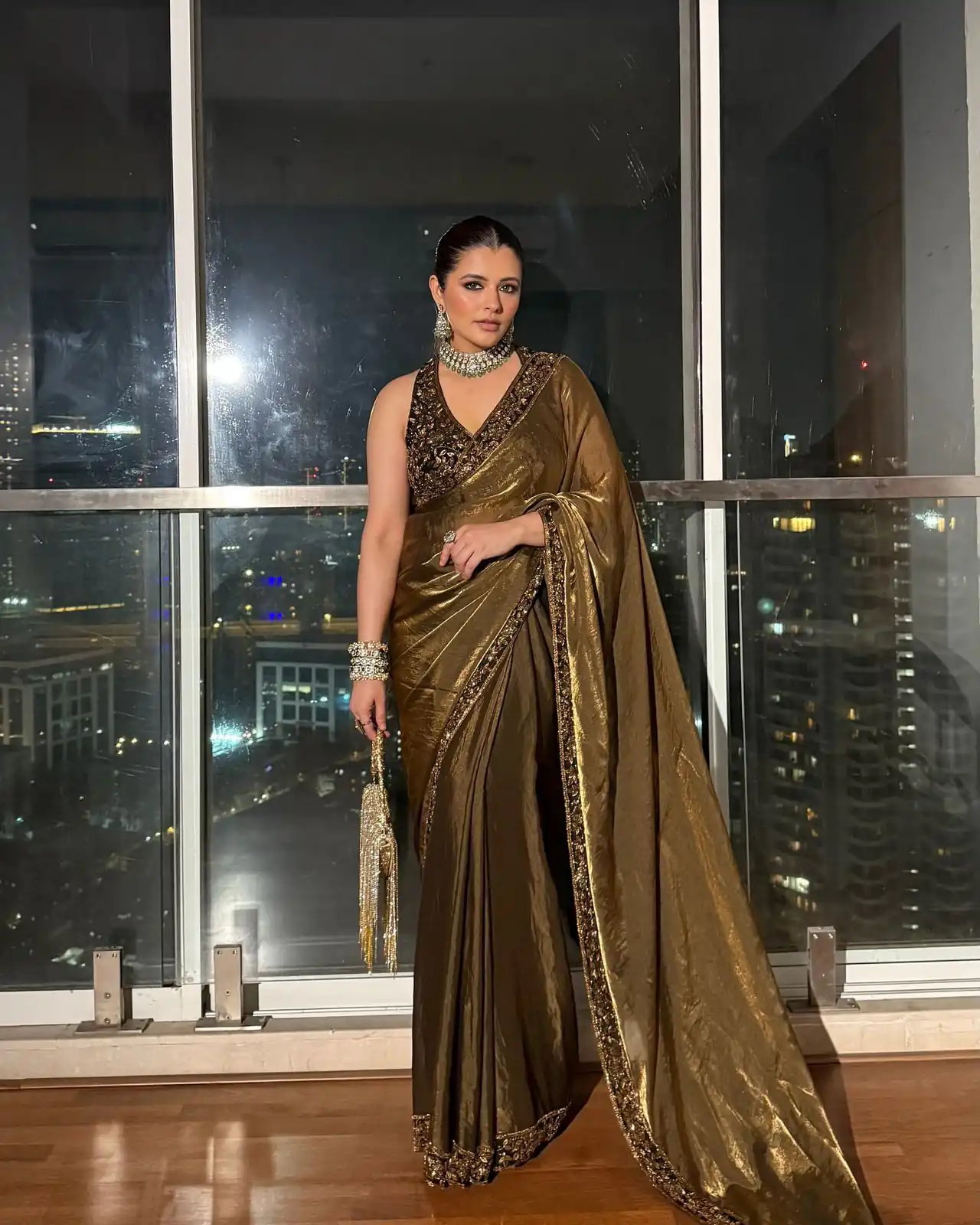 Brown Space Silk Embroidery Zari Work Saree - Image 2