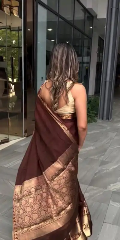 KP 6051 Brown Soft Lichi Silk Saree Perfect for Wedding, Party, Reception, Diwali, Ethnic Day – . Affordable Price ₹1349. Delivery 4-6 Working Days. | Designer Sarees, Modern Digital sarees, Sarees, Bollywood Sarees, Creative Sarees, Embroidered Sarees, Ethnic Saree, Party Wear Sarees