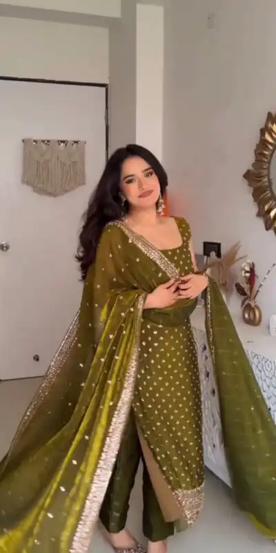 ZSR 3163 Mehendi Mehendi Fendy Silk Salwar Suit with Mirror Work & Embroidery Work. Best Price ₹2099. Delivery 4-6 Working Days. Shop now. | Jump Suits, Salwar suit, Casual Suits, Creative suits, Designer Suits, Palazzo Suits, Party Wear Suits, Patiala Suits, Straight Suits