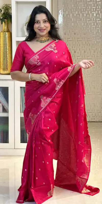 KP 6085 Red Pink Lichi Silk Saree with Lace Border & Lace Work. Special Price ₹1449. Delivery 4-6 Working Days. Shop now. | Designer Sarees, Modern Digital sarees, Sarees, Bollywood Sarees, Creative Sarees, Embroidered Sarees, Ethnic Saree, Party Wear Sarees