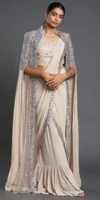 KT 310 Cream Color Georgette Sequence Beautiful Frill Saree Casual, Party Wear, Wedding  Expected Delivery 4-6 Working Days@2174/- | Designer Sarees, Sarees, Bollywood Sarees, Creative Sarees, Embroidered Sarees, Ethnic Saree, Modern Digital sarees, Party Wear Sarees