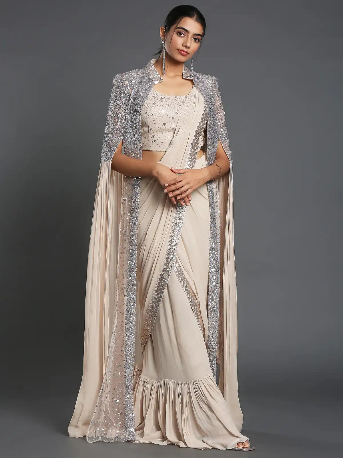 KT 310 Cream Color Georgette Sequence Beautiful Frill Saree Casual, Party Wear, Wedding Expected Delivery 4-6 Working Days@2174/- | Designer Sarees, Sarees, Bollywood Sarees, Creative Sarees, Embroidered Sarees, Ethnic Saree, Modern Digital sarees, Party Wear Sarees