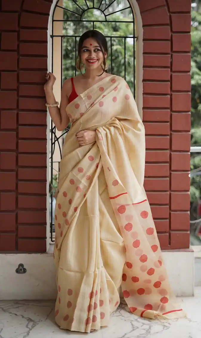 Cream Soft Lilan Weaving Work Saree - Image 5