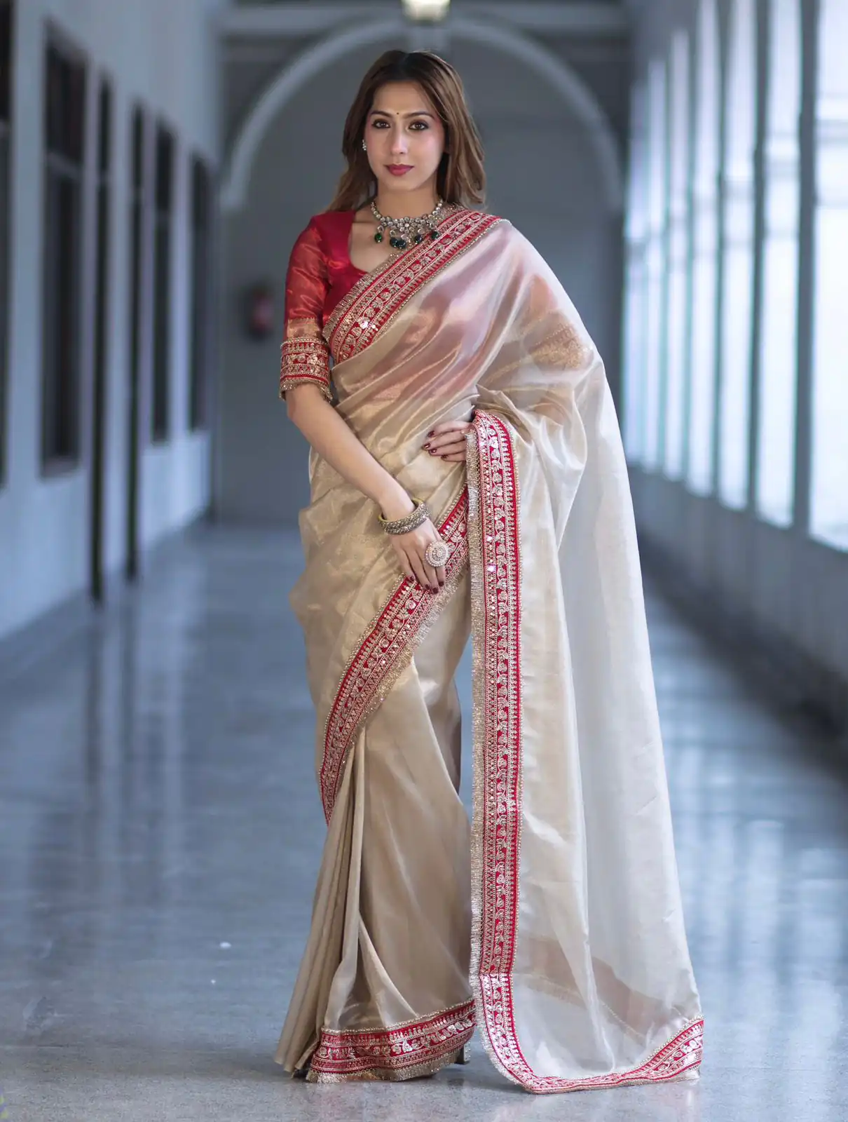 Cream Soft Twil Net Embroidery Work Saree - Image 2