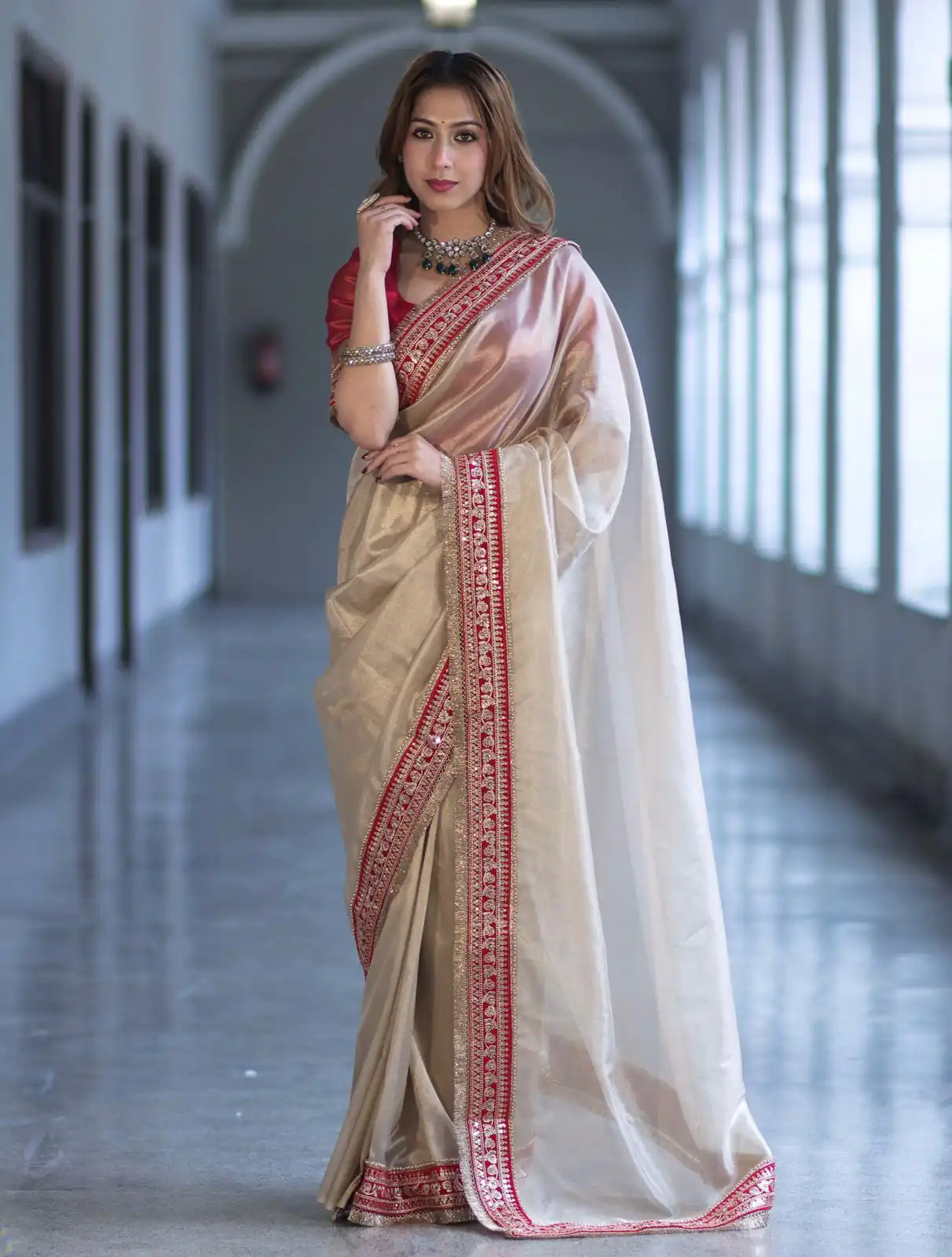 Cream Soft Twil Net Embroidery Work Saree