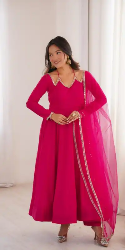 KB 293 Dark Pink Soft Nylon Net Anarkali Suit with Mirror Work & Lace Work. Get it for ₹1999. Delivery 4-6 Working Days. Shop now. | Anarkali Suits, Bollywood Anarkali, Creative-Anarkali, Designer Anarkali, Embroidered Anarkali, Party Wear Anarkali
