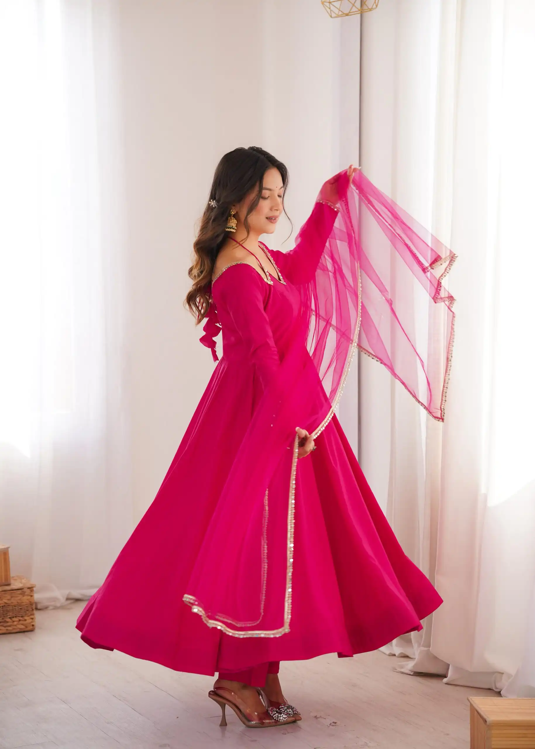 KB 293 Dark Pink Soft Nylon Net Anarkali Suit with Mirror Work & Lace Work. Get it for ₹1999. Delivery 4-6 Working Days. Shop now. | Anarkali Suits, Bollywood Anarkali, Creative-Anarkali, Designer Anarkali, Embroidered Anarkali, Party Wear Anarkali