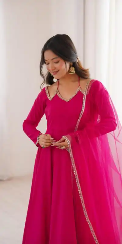 KB 293 Dark Pink Soft Nylon Net Anarkali Suit with Mirror Work & Lace Work. Get it for ₹1999. Delivery 4-6 Working Days. Shop now. | Anarkali Suits, Bollywood Anarkali, Creative-Anarkali, Designer Anarkali, Embroidered Anarkali, Party Wear Anarkali