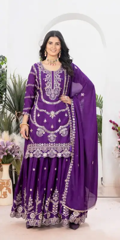 ND 5033 Dark Purple Chinon Silk Salwar Suit with Embroidery Work & Lace Work. Affordable Price ₹2149. Delivery 4-6 Working Days. Shop now. | Jump Suits, Salwar suit, Casual Suits, Creative suits, Designer Suits, Palazzo Suits, Party Wear Suits, Patiala Suits, Straight Suits