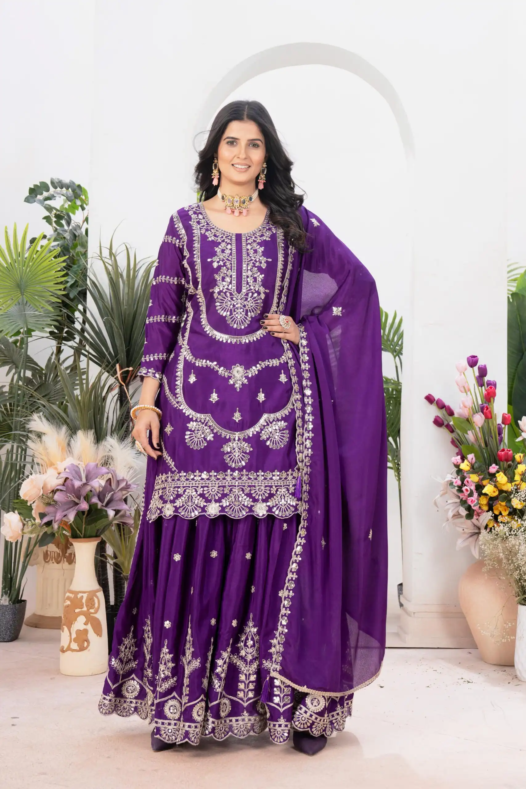 ND 5033 Dark Purple Chinon Silk Salwar Suit with Embroidery Work & Lace Work. Affordable Price ₹2149. Delivery 4-6 Working Days. Shop now. | Jump Suits, Salwar suit, Casual Suits, Creative suits, Designer Suits, Palazzo Suits, Party Wear Suits, Patiala Suits, Straight Suits