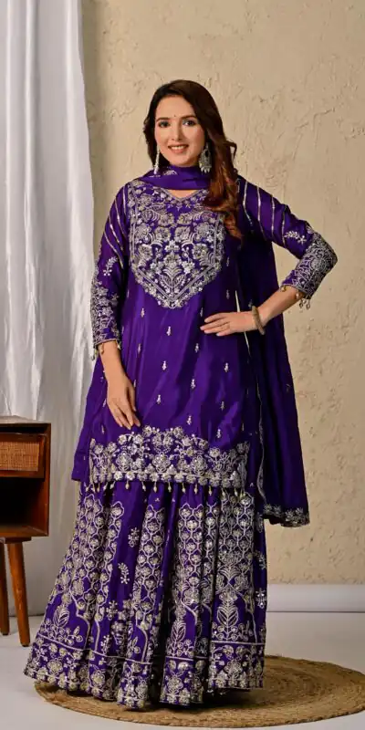 NF 1245 Dark Purple Chinon Silk Lehenga Choli with Embroidery Work & Zari Work. Now at just ₹2449. Delivery 4-6 Working Days. Shop now. | Lehenga, Bollywood Lehenga, Creative Lehenga, Designer Lehenga, Embroidered Lehenga, Party Wear Lehenga