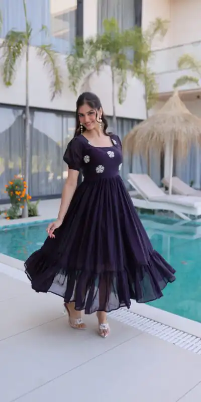 KA 1224 Dark Purple Color Fendi Silk Gown with Embroidery Work & Bead Work. Get it for ₹1769. Delivery 4-6 Working Days. Shop now. | Gowns, Bollywood Gowns, Creative Gowns, Designer Gowns, Embroidered Gowns, Party Wear Gowns