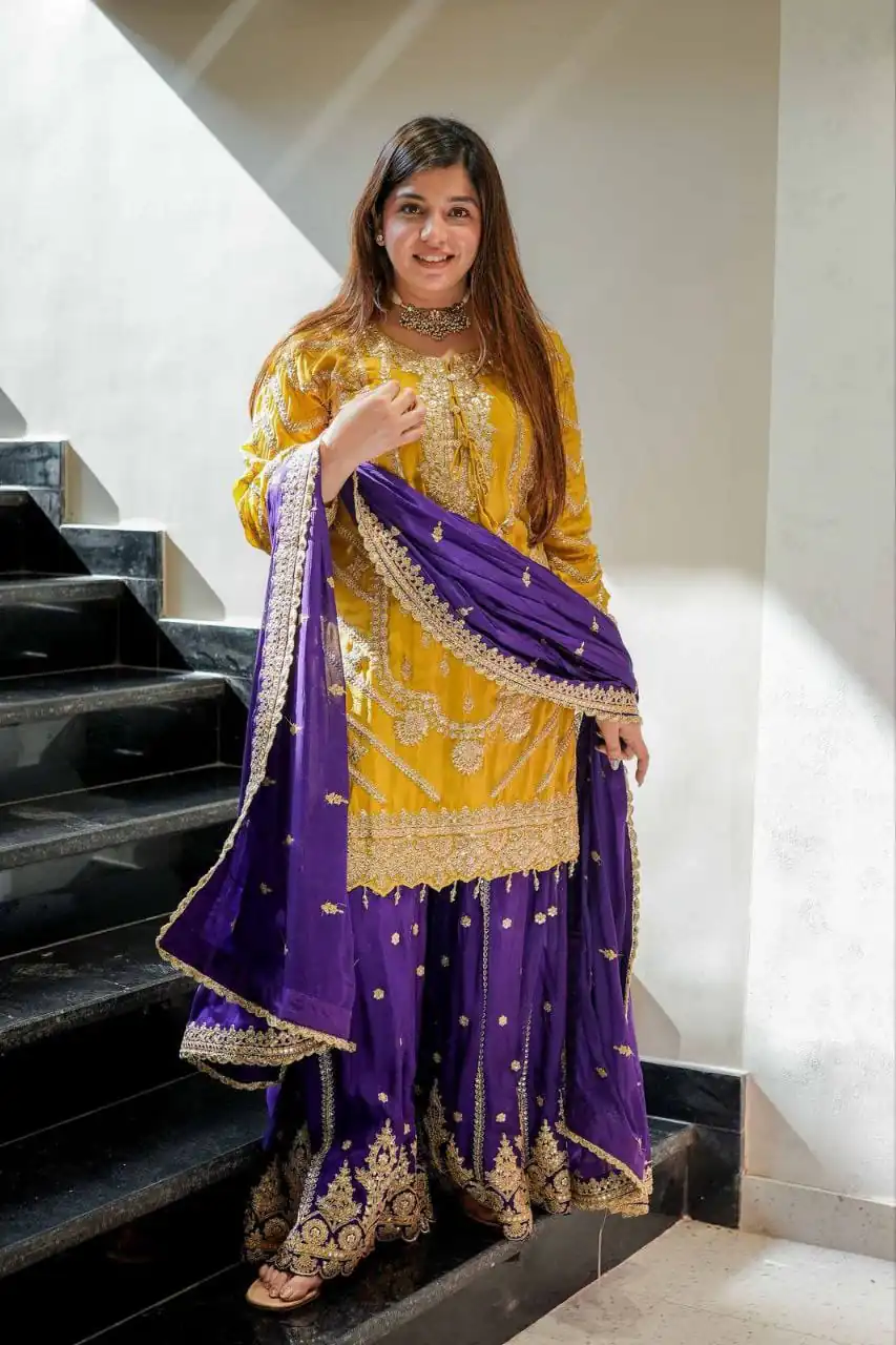 ZS 7001 Yellow Chinon Silk Salwar Suit with Embroidery Work & Lace Work. Affordable Price ₹2499. Delivery 4-6 Working Days. Shop now. | Jump Suits, Salwar suit, Casual Suits, Creative suits, Designer Suits, Palazzo Suits, Party Wear Suits, Patiala Suits, Straight Suits