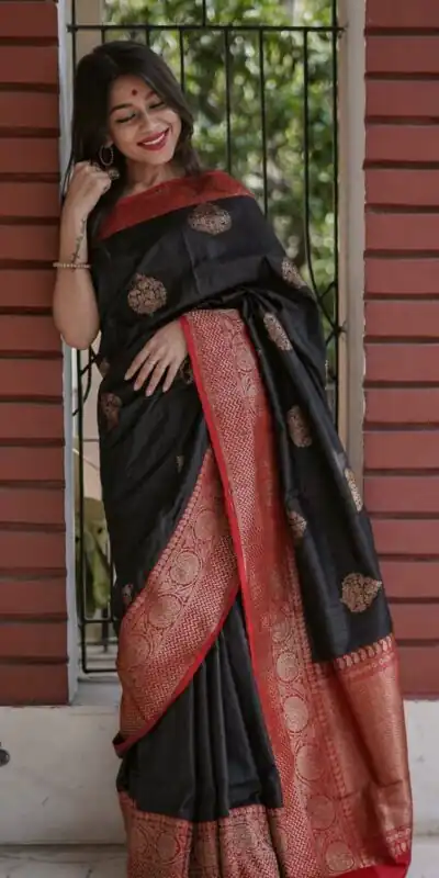KPR 282 Black Soft Lichi Silk Saree Perfect for Wedding, Party, Reception, Diwali, Ethnic Day – . Affordable Price ₹1449. Delivery 4-6 Working Days. | Designer Sarees, Sarees, Bollywood Sarees, Creative Sarees, Embroidered Sarees, Ethnic Saree, Modern Digital sarees, Party Wear Sarees