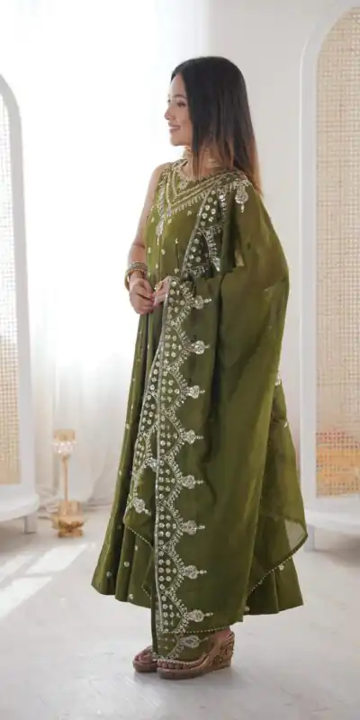 JF 038 Mehendi Roman Silk Gown with Embroidery Work. Wedding, Party, Festive, Events, Navratri, Exclusive Offer ₹2149. Delivery 4-6 Working Days. Shop now. | Gowns, Bollywood Gowns, Creative Gowns, Designer Gowns, Embroidered Gowns, Party Wear Gowns