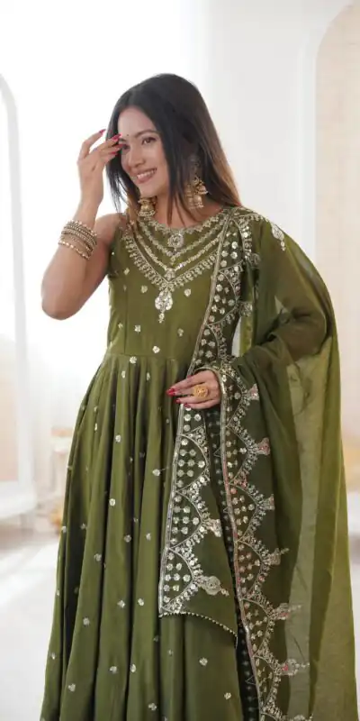 JF 038 Mehendi Roman Silk Gown with Embroidery Work. Wedding, Party, Festive, Events, Navratri, Exclusive Offer ₹2149. Delivery 4-6 Working Days. Shop now. | Gowns, Bollywood Gowns, Creative Gowns, Designer Gowns, Embroidered Gowns, Party Wear Gowns