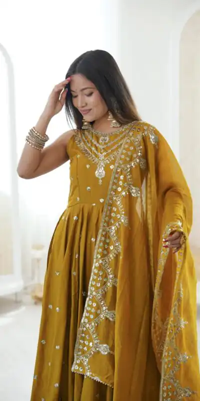 JF 038 Mustered Roman Silk Gown with Embroidery Work. Wedding, Party, Festive, Events, Navratri, Exclusive Offer ₹2149. Delivery 4-6 Working Days. Shop now. | Gowns, Bollywood Gowns, Creative Gowns, Designer Gowns, Embroidered Gowns, Party Wear Gowns