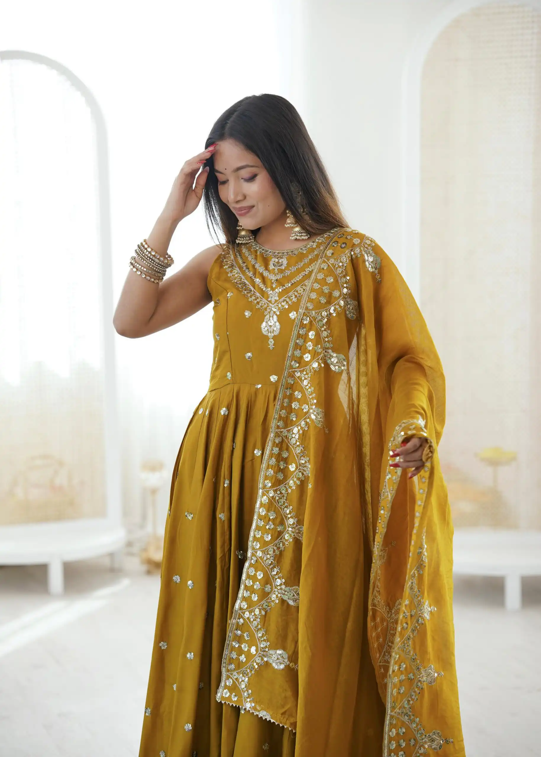 JF 038 Mustered Roman Silk Gown with Embroidery Work. Wedding, Party, Festive, Events, Navratri, Exclusive Offer ₹2149. Delivery 4-6 Working Days. Shop now. | Gowns, Bollywood Gowns, Creative Gowns, Designer Gowns, Embroidered Gowns, Party Wear Gowns