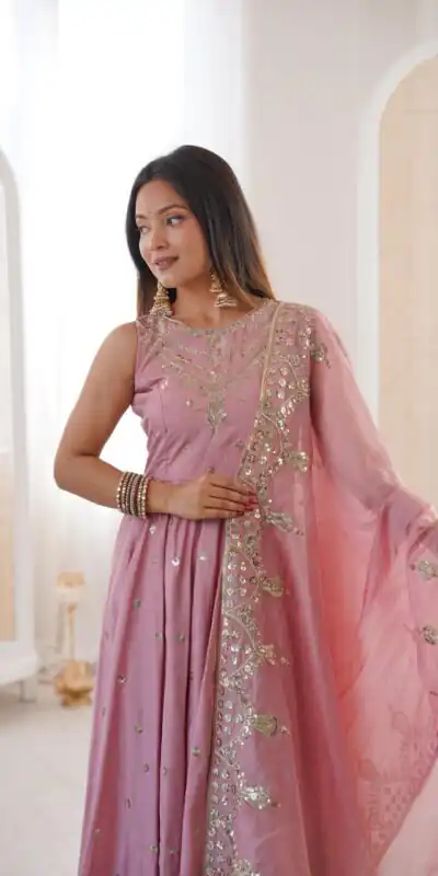 JF 038 Pink Roman Silk Gown with Embroidery Work. Wedding, Party, Festive, Events, Navratri, Exclusive Offer ₹2149. Delivery 4-6 Working Days. Shop now. | Gowns, Bollywood Gowns, Creative Gowns, Designer Gowns, Embroidered Gowns, Party Wear Gowns