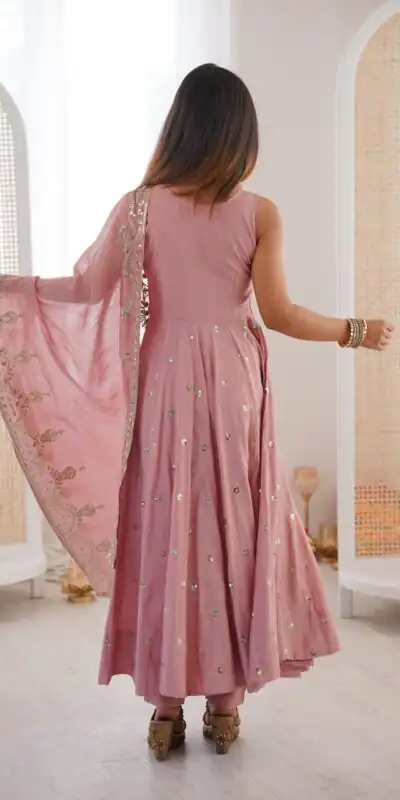 JF 038 Pink Roman Silk Gown with Embroidery Work. Wedding, Party, Festive, Events, Navratri, Exclusive Offer ₹2149. Delivery 4-6 Working Days. Shop now. | Gowns, Bollywood Gowns, Creative Gowns, Designer Gowns, Embroidered Gowns, Party Wear Gowns