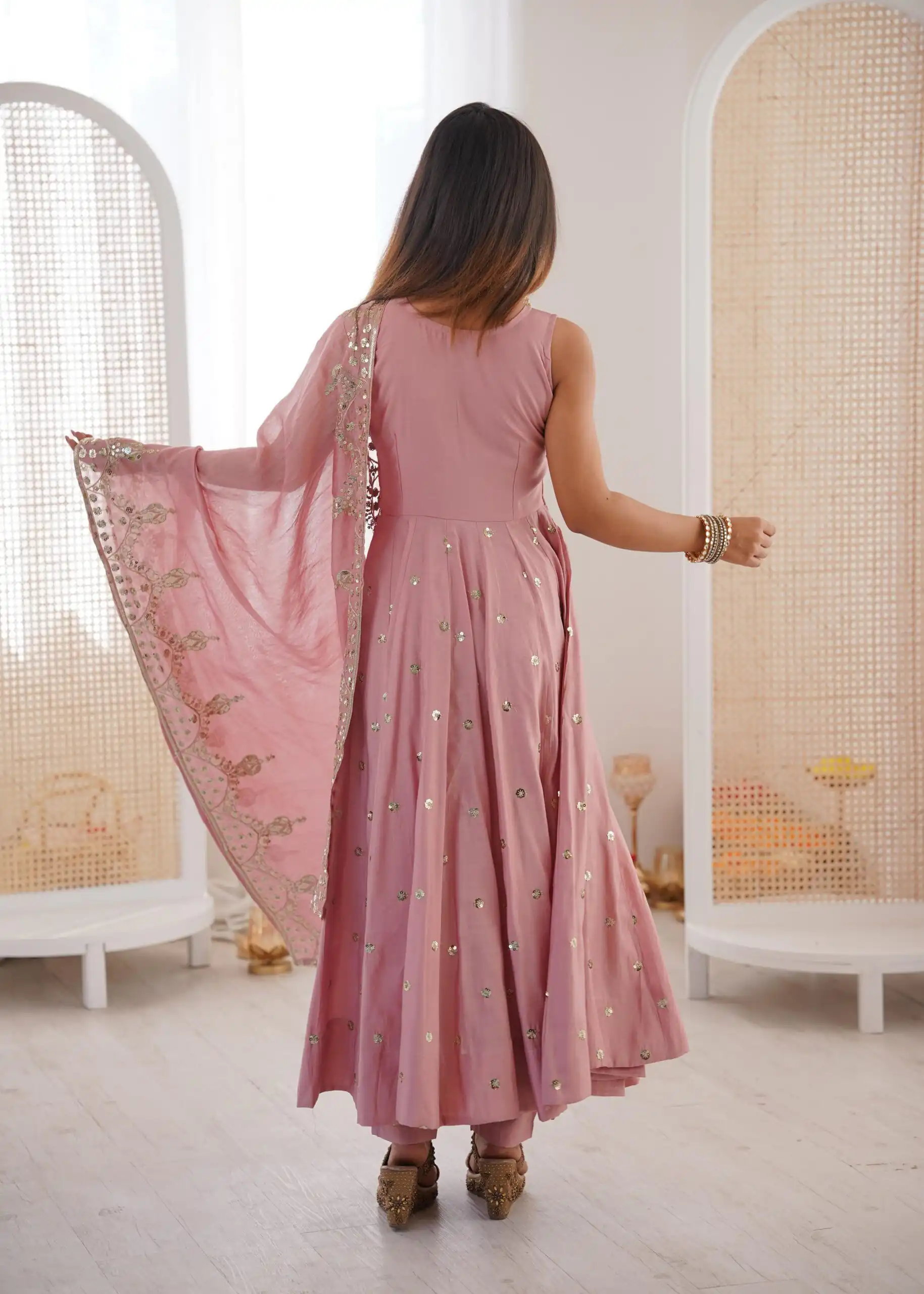JF 038 Pink Roman Silk Gown with Embroidery Work. Wedding, Party, Festive, Events, Navratri, Exclusive Offer ₹2149. Delivery 4-6 Working Days. Shop now. | Gowns, Bollywood Gowns, Creative Gowns, Designer Gowns, Embroidered Gowns, Party Wear Gowns