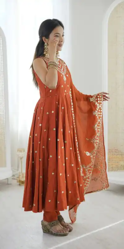 JF 038 Rust Roman Silk Gown with Embroidery Work. Wedding, Party, Festive, Events, Navratri, Exclusive Offer ₹2149. Delivery 4-6 Working Days. Shop now. | Gowns, Bollywood Gowns, Creative Gowns, Designer Gowns, Embroidered Gowns, Party Wear Gowns