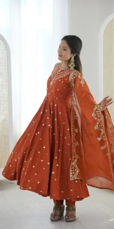 JF 038 Rust Roman Silk Gown with Embroidery Work. Wedding, Party, Festive, Events, Navratri, Exclusive Offer ₹2149. Delivery 4-6 Working Days. Shop now. | Gowns, Bollywood Gowns, Creative Gowns, Designer Gowns, Embroidered Gowns, Party Wear Gowns