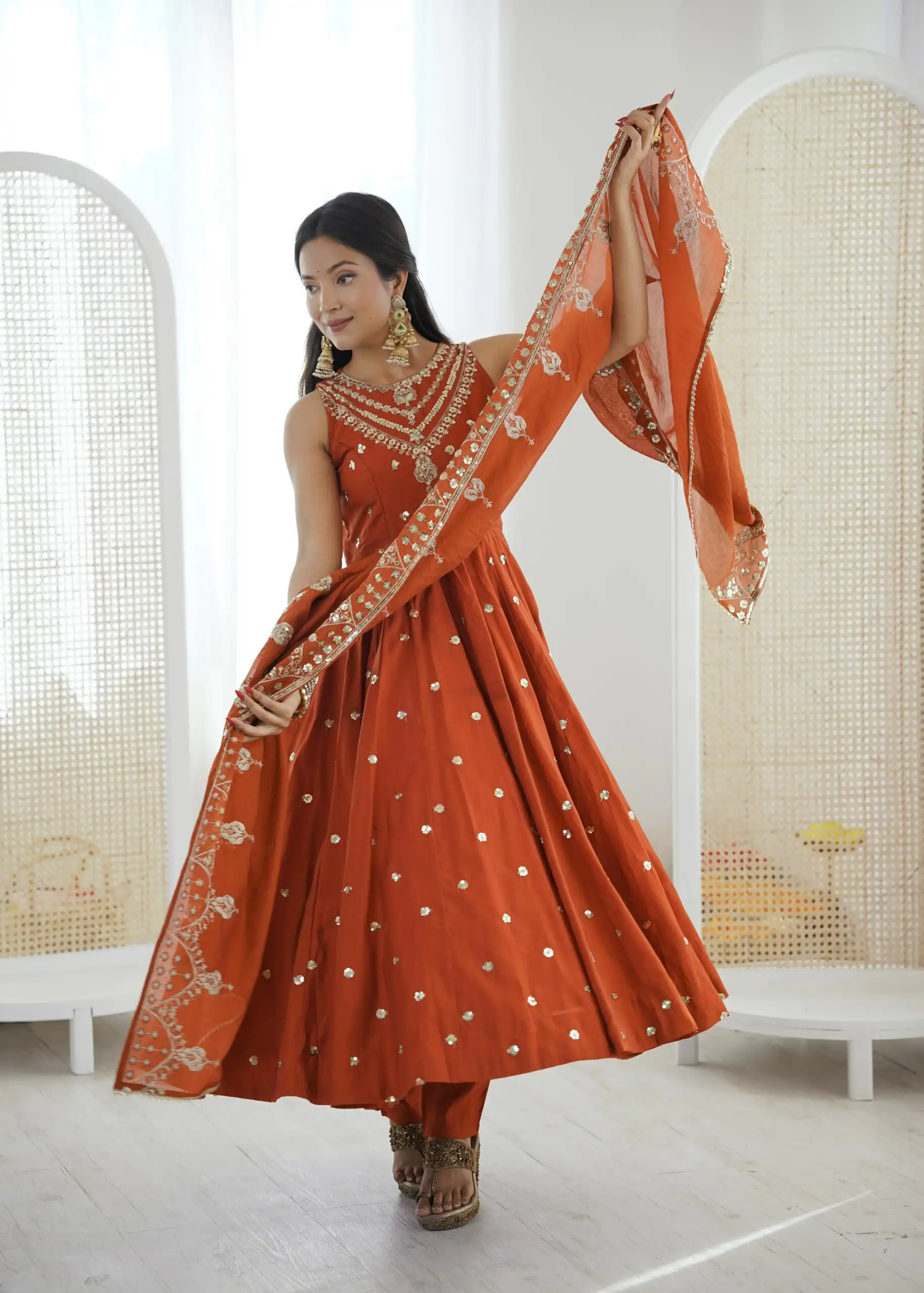 JF 038 Rust Roman Silk Gown with Embroidery Work. Wedding, Party, Festive, Events, Navratri, Exclusive Offer ₹2149. Delivery 4-6 Working Days. Shop now. | Gowns, Bollywood Gowns, Creative Gowns, Designer Gowns, Embroidered Gowns, Party Wear Gowns