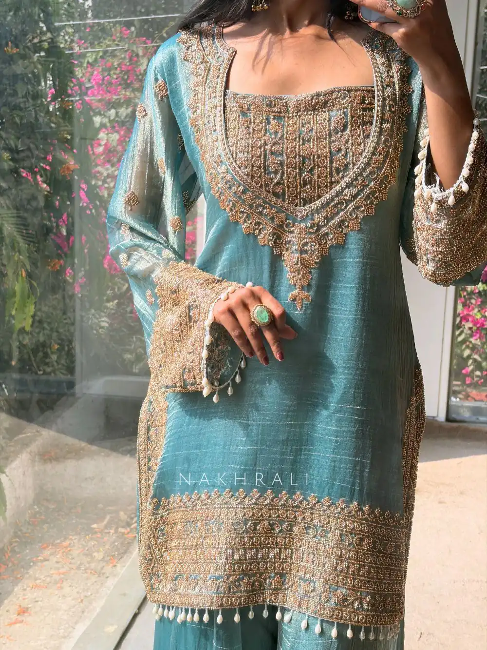 Firozi Fendy Silk Border Lace Work Salwar Suit - Image 4