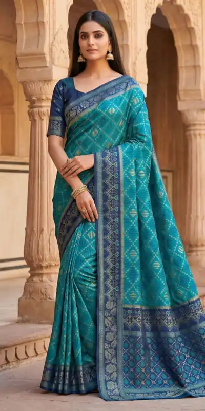 Firozi Pochampalli Lace Zari Work Saree