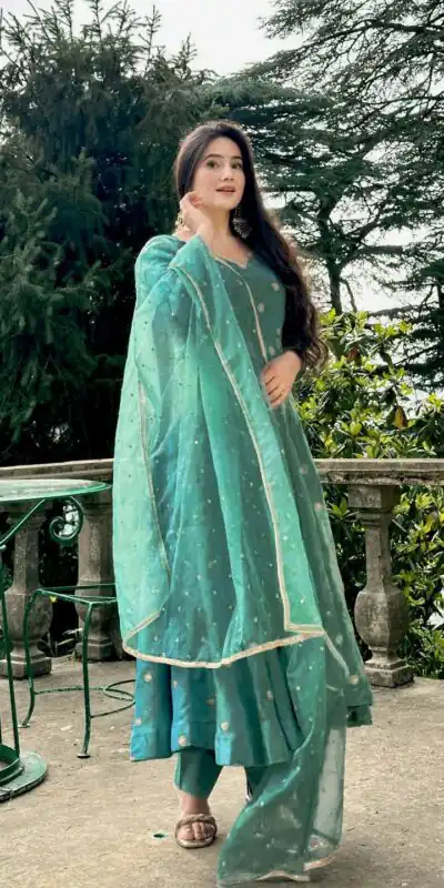 Firozi Simmar Silk Embroidery Work Anarkali Suit