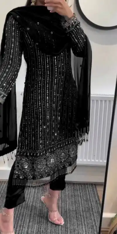 RTC 5716 Black  Color Foix Georgette Thread Sequence Work Salwar Suit Wedding, Party, Festive, Events Etc. Expected Delivery 4-6 Working Days @2099/- | Jump Suits, Salwar suit, Casual Suits, Creative suits, Designer Suits, Palazzo Suits, Party Wear Suits, Patiala Suits, Straight Suits