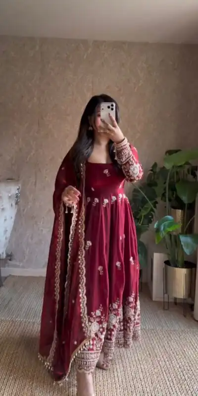 RTC 5985 Maroon Fendy Silk Salwar Suit with Mirror Work & Embroidery Work. Best Price ₹2499. Delivery 4-6 Working Days. Shop now. | Anarkali Suits, Bollywood Anarkali, Creative-Anarkali, Designer Anarkali, Embroidered Anarkali, Party Wear Anarkali