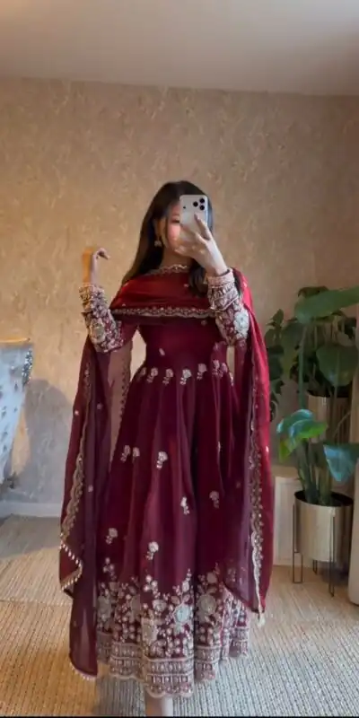 RTC 5985 Maroon Fendy Silk Salwar Suit with Mirror Work & Embroidery Work. Best Price ₹2499. Delivery 4-6 Working Days. Shop now. | Anarkali Suits, Bollywood Anarkali, Creative-Anarkali, Designer Anarkali, Embroidered Anarkali, Party Wear Anarkali