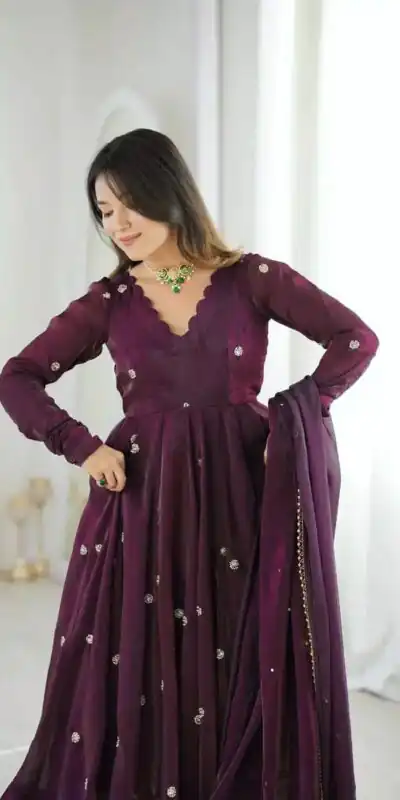 ZF 5019 Wine Crunchy Silk Gown with Embroidery Work. Wedding, Party, Festive, Events Best Price ₹2149. Delivery 4-6 Working Days. Shop now. | Gowns, Bollywood Gowns, Creative Gowns, Designer Gowns, Embroidered Gowns, Party Wear Gowns