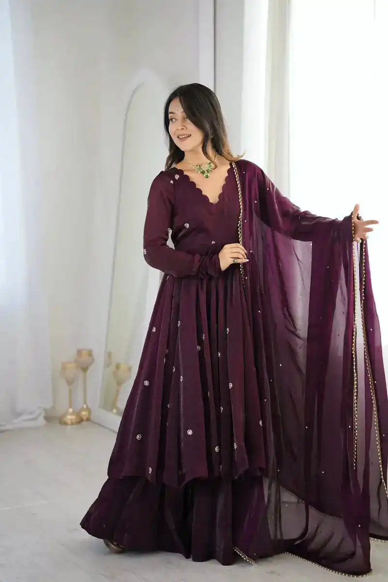 ZF 5019 Wine Crunchy Silk Gown with Embroidery Work. Wedding, Party, Festive, Events Best Price ₹2149. Delivery 4-6 Working Days. Shop now. | Gowns, Bollywood Gowns, Creative Gowns, Designer Gowns, Embroidered Gowns, Party Wear Gowns