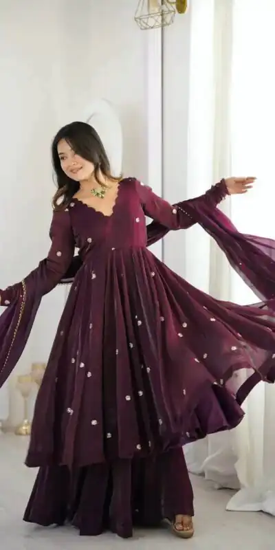 ZF 5019 Wine Crunchy Silk Gown with Embroidery Work. Wedding, Party, Festive, Events Best Price ₹2149. Delivery 4-6 Working Days. Shop now. | Gowns, Bollywood Gowns, Creative Gowns, Designer Gowns, Embroidered Gowns, Party Wear Gowns