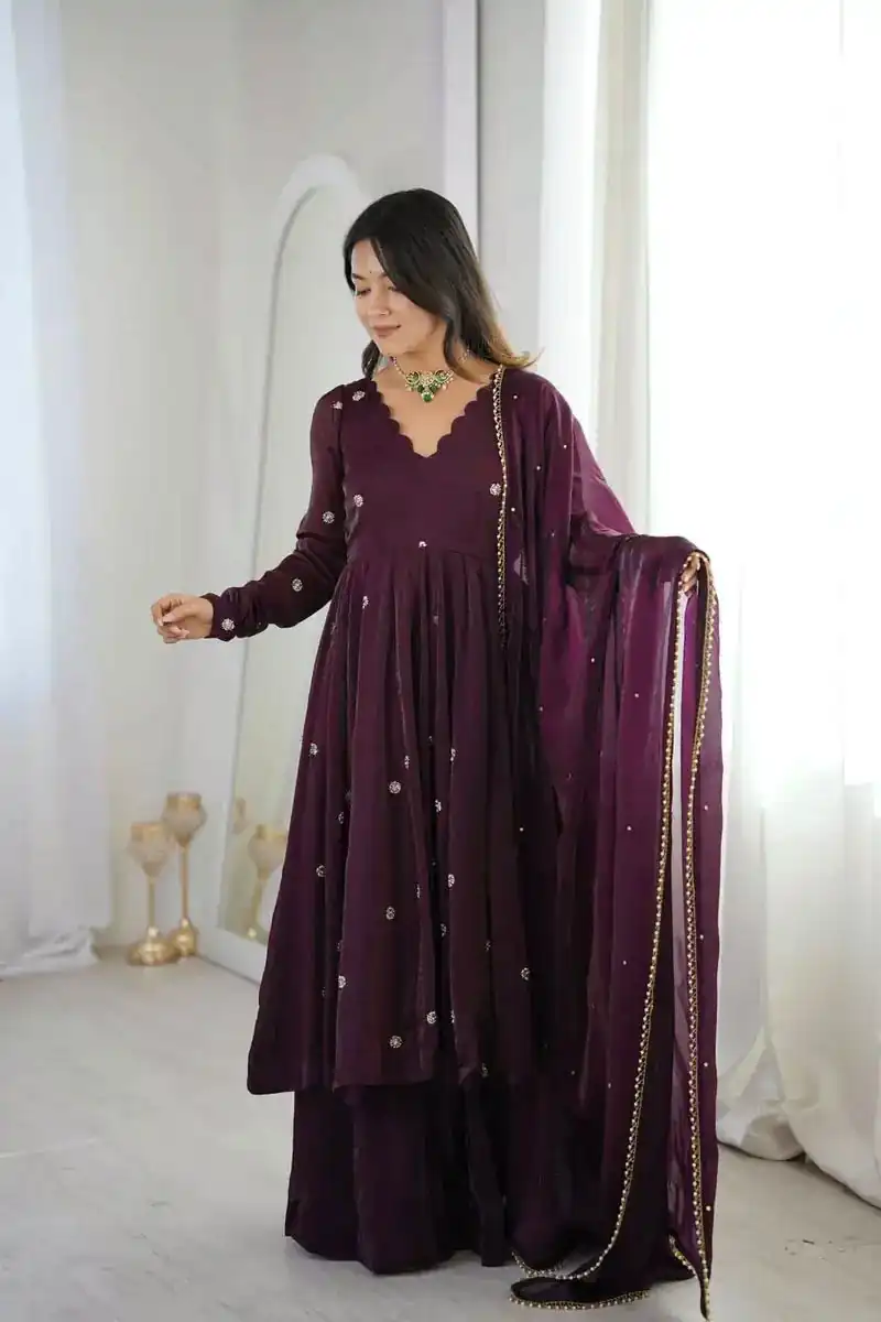 ZF 5019 Wine Crunchy Silk Gown with Embroidery Work. Wedding, Party, Festive, Events Best Price ₹2149. Delivery 4-6 Working Days. Shop now. | Gowns, Bollywood Gowns, Creative Gowns, Designer Gowns, Embroidered Gowns, Party Wear Gowns