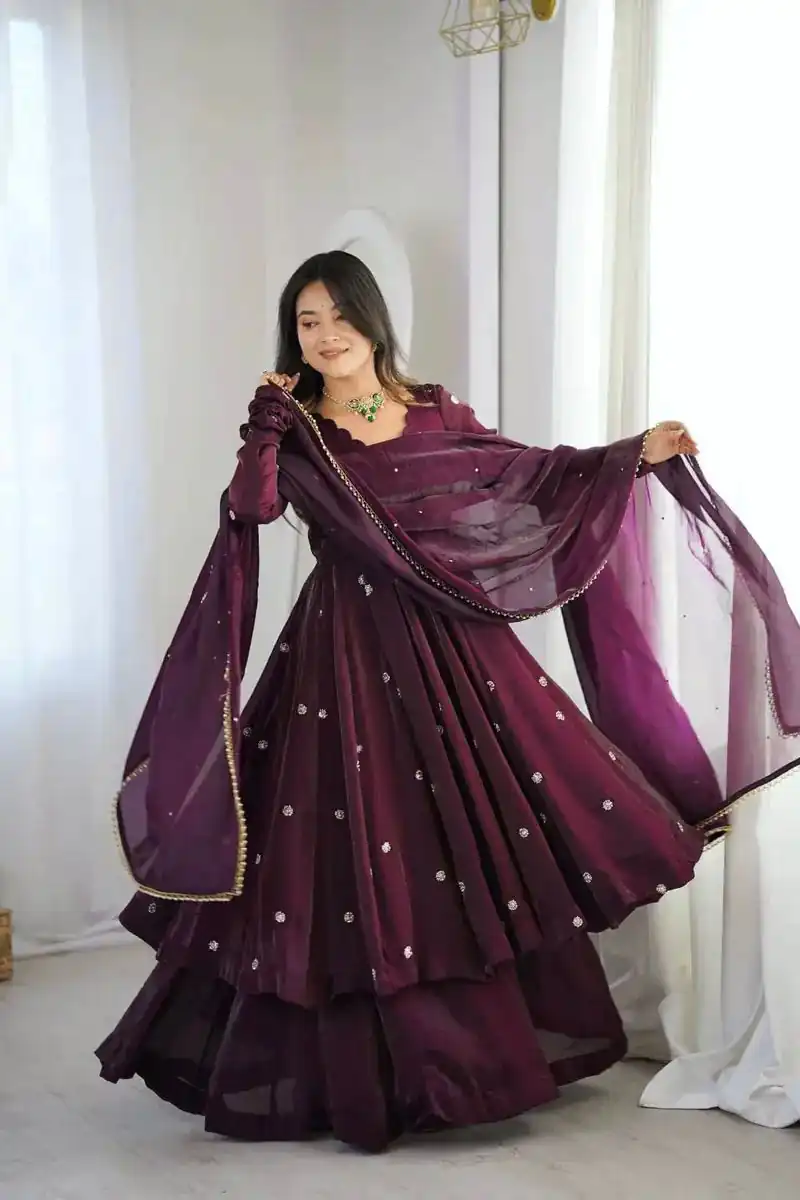 ZF 5019 Wine Crunchy Silk Gown with Embroidery Work. Wedding, Party, Festive, Events Best Price ₹2149. Delivery 4-6 Working Days. Shop now. | Gowns, Bollywood Gowns, Creative Gowns, Designer Gowns, Embroidered Gowns, Party Wear Gowns