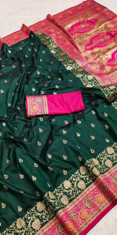 Green Banarasi Silk Gold Zari Border Saree